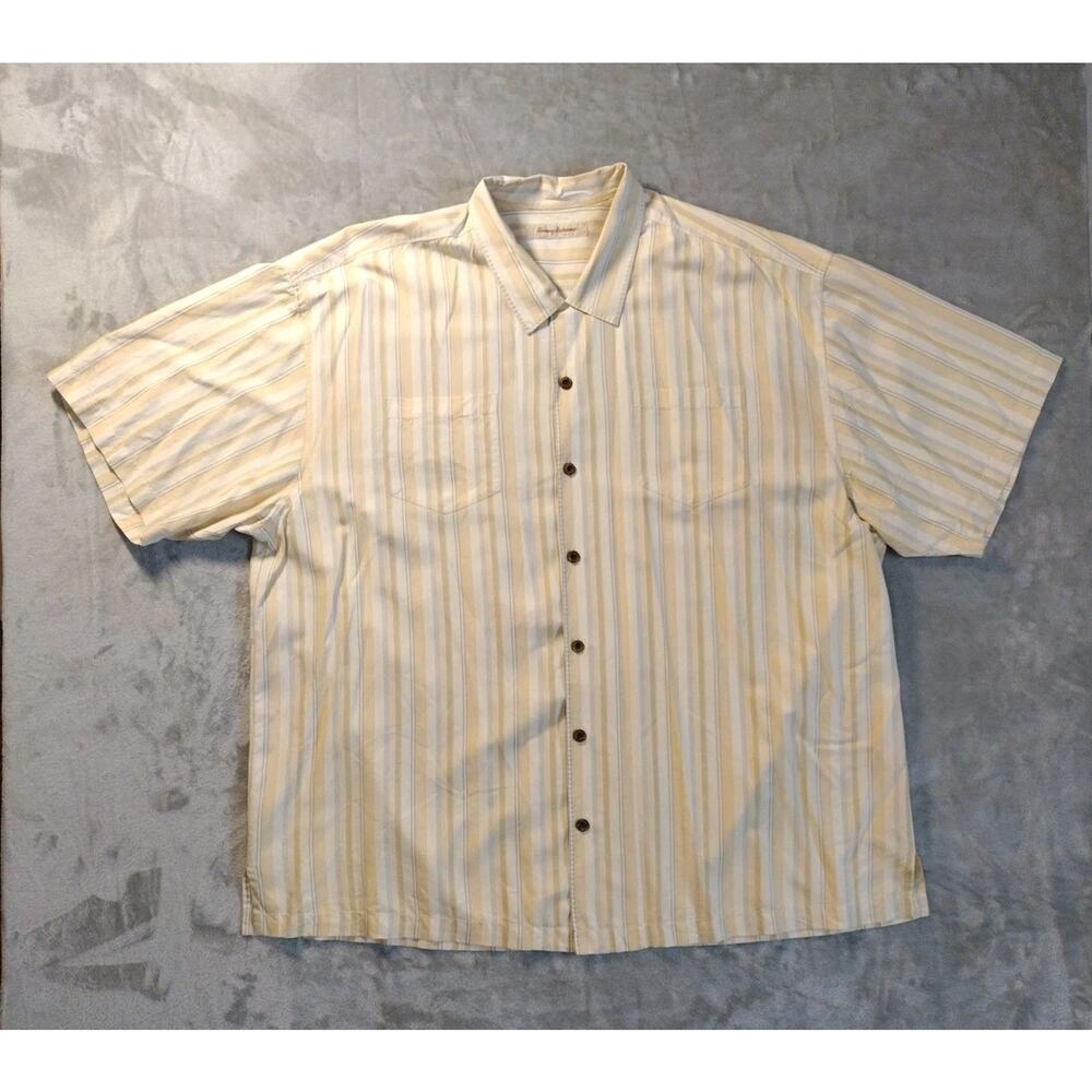 Tommy Bahama 100% Silk Shirt Mens 2XL White Gray Yellow Stripes Button-Up Beach